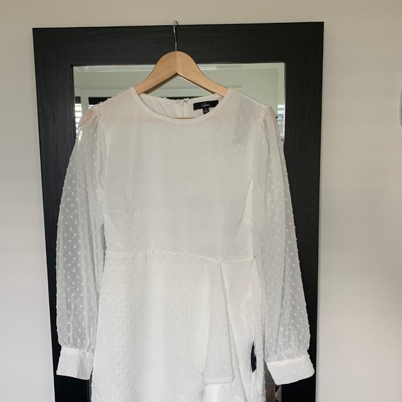 Lulu Dress - White Swiss Dot Long Sleeve Tie-Front Mini Dress - Picture 2 of 5